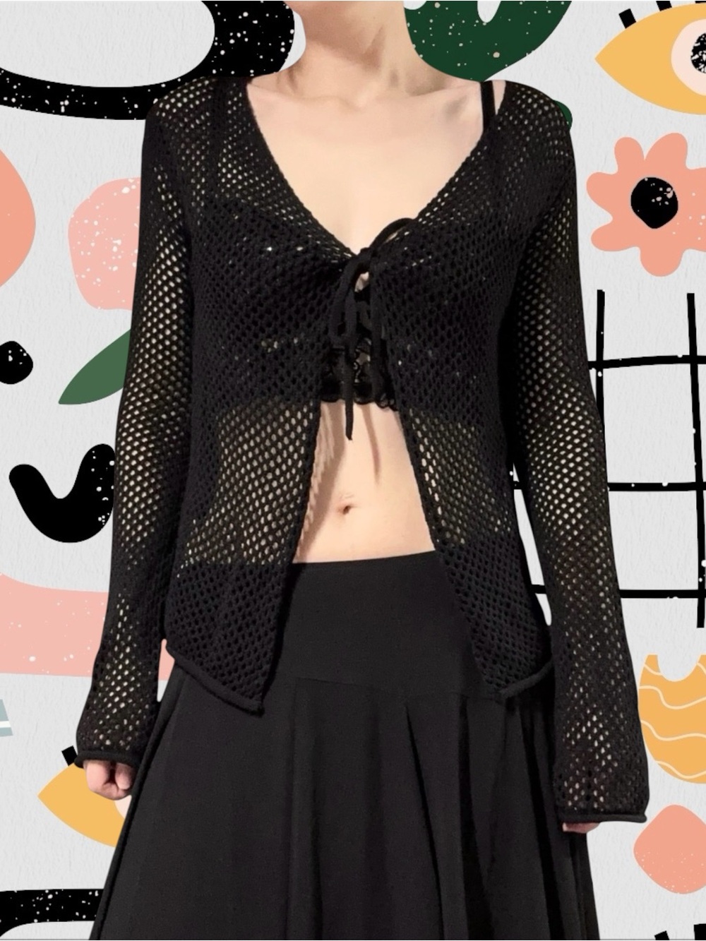 Refuge | Black Open Knit Fishnet Tie Closure Cardigan